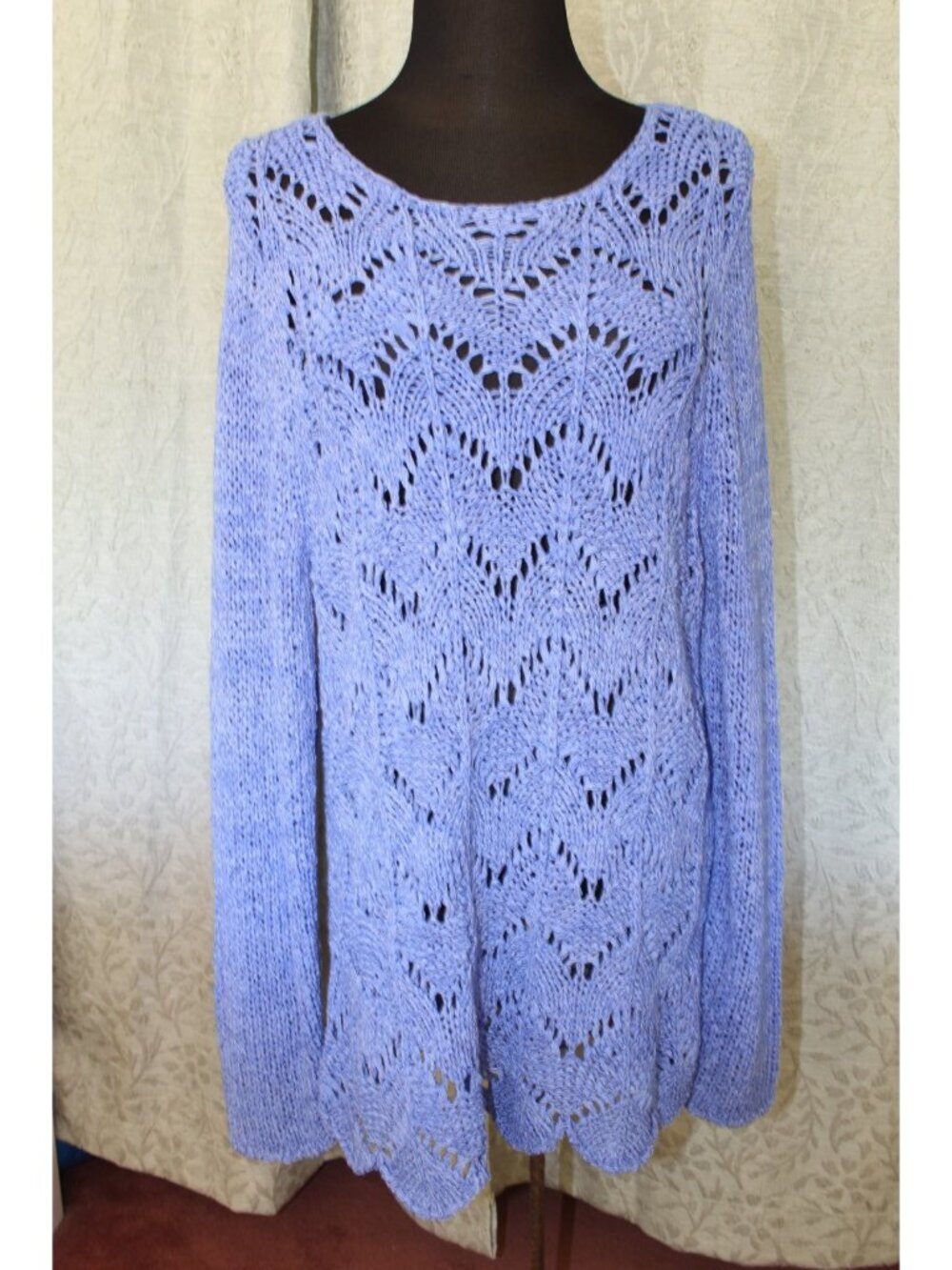 Chico's Crochet Sweater Periwinkle Blue Intricate 3/XL Openwork Chevron Knit
